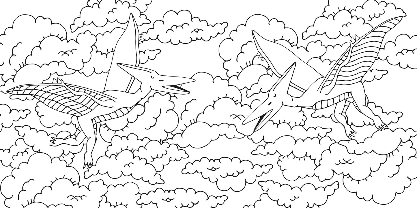 Dinosaur Colouring Book in use, open to a colouring page, pencils nearby.