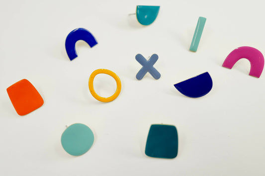 Bold blue and orange enamelled brass square stud earring