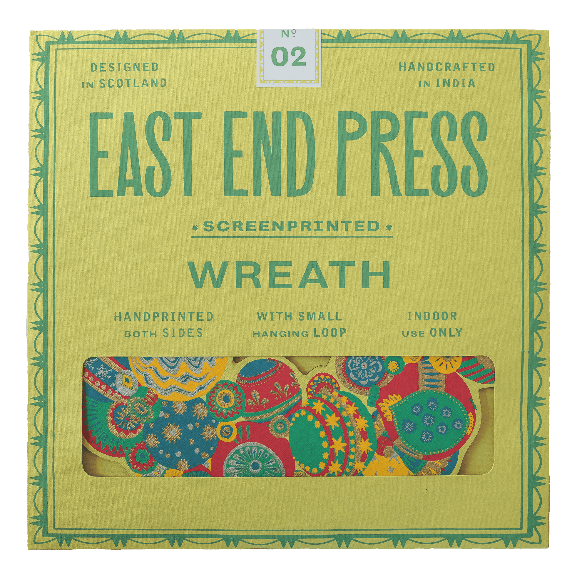Hand-printed Colourful Bauble Cotton Board Wreath by East End Press with hanging loop, sustainable ornament