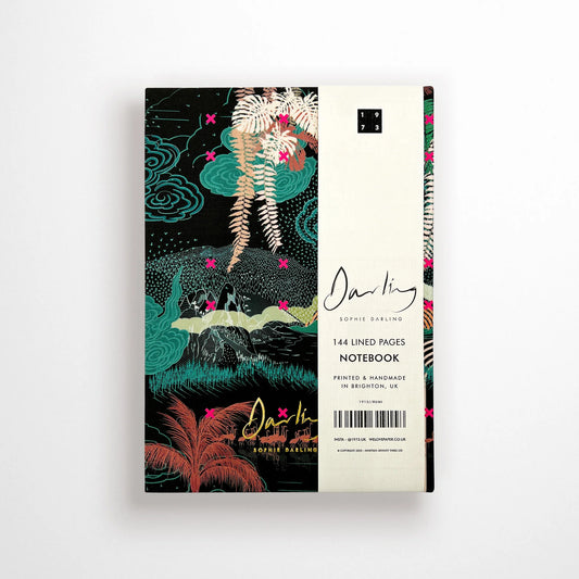 Rumi Notebook featuring bespoke textile screen printing by Sophie Darling, with vivid patterns and organic illustrations on a fabric cover.