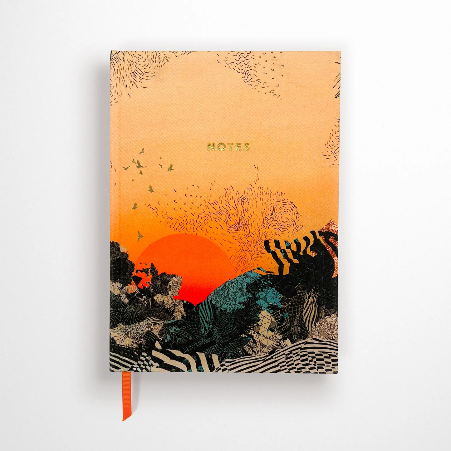Handmade fabric-covered notebook designed by Sophie Darling, showcasing layered compositions and intricate screen-printed abstract landscapes.