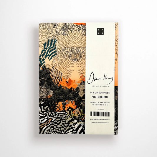 Handmade fabric-covered notebook designed by Sophie Darling, showcasing layered compositions and intricate screen-printed abstract landscapes.