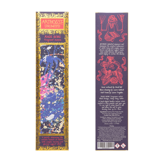 Close-up of Magic Being Incense Sticks packaging, showcasing the vibrant 'Magic Being' artwork by David Bell.