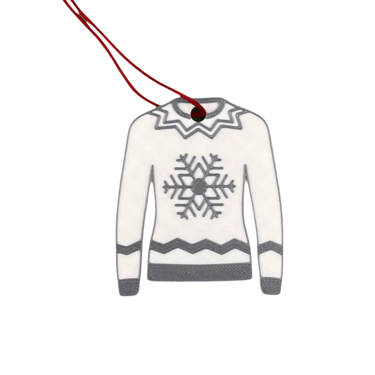 White snowflake jumper tree decoration, sustainably 3D printed PLA, with red ribbon.