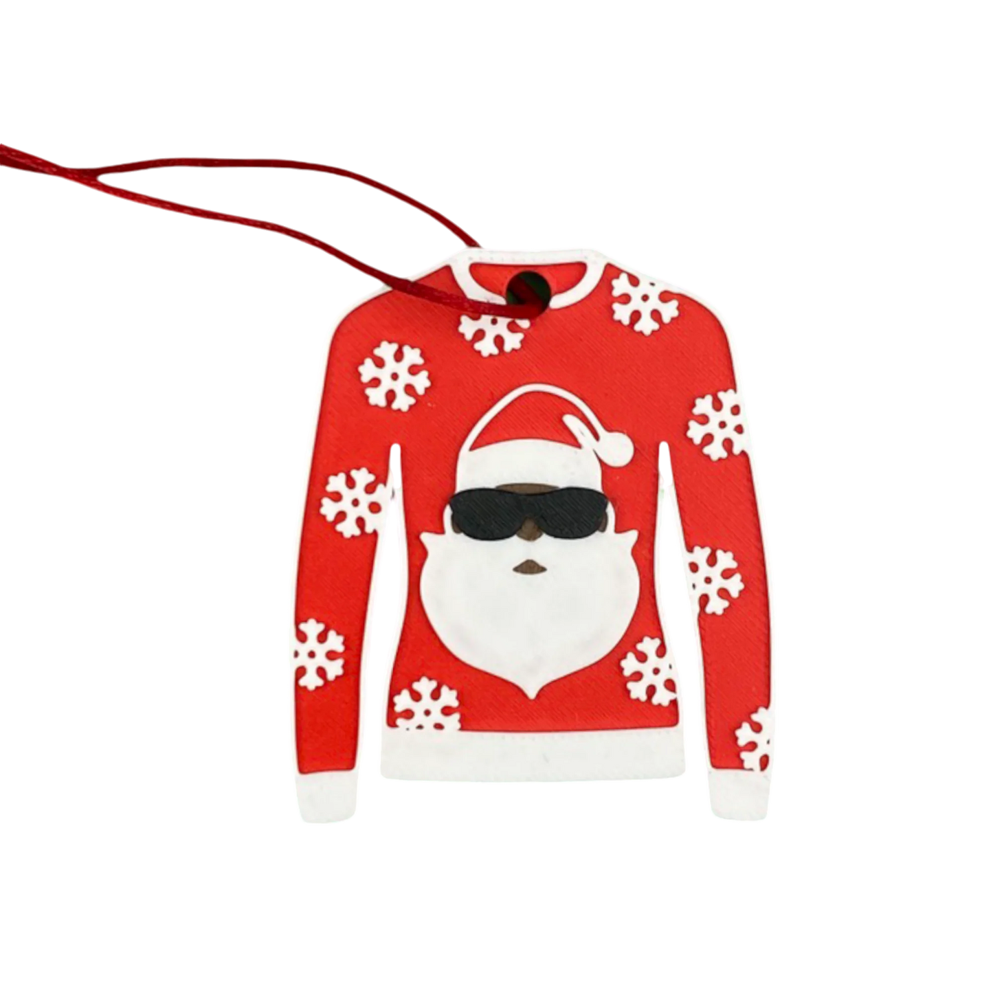 Christmas Jumper Decoration. Featuring a cool Santa head wearing shades, a big white beard and Santa hat. against a red background with white snowflakes and a red ribbon to tie on the tree.
They are sustainably 3D printed using PLA, a plant-based plastic derived from renewable resources such as sugarcane and corn starch.