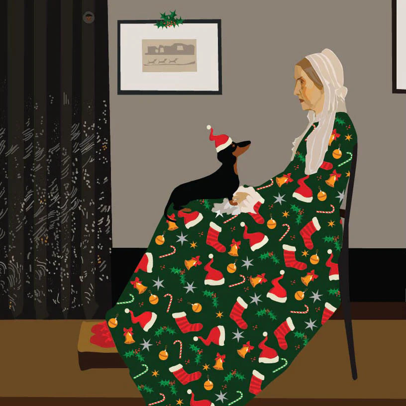 Whistler's Dog Christmas Card featuring a dachshund looking out a snowy window