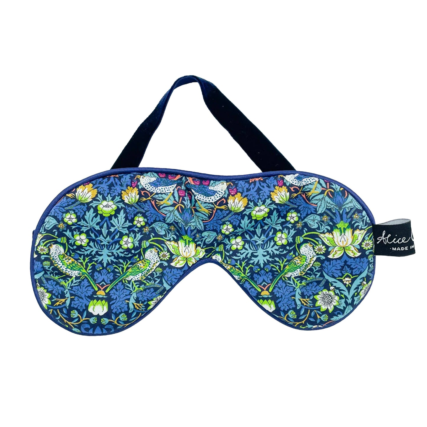 Liberty Eye Mask Strawberry Thief Songbird with navy velvet lining and satin piping by Alice Caroline