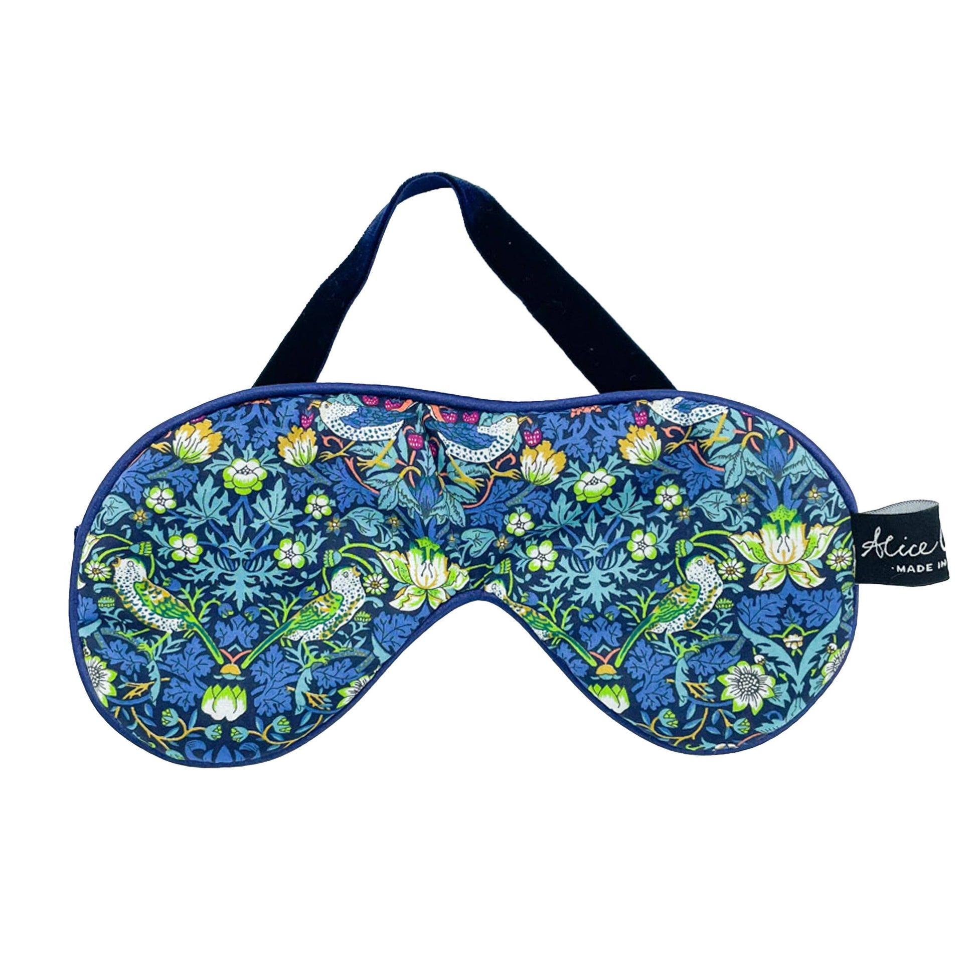 Liberty Eye Mask Strawberry Thief Songbird with navy velvet lining and satin piping by Alice Caroline