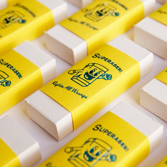 Close up of metallic turquoise foil design on Superaser eraser