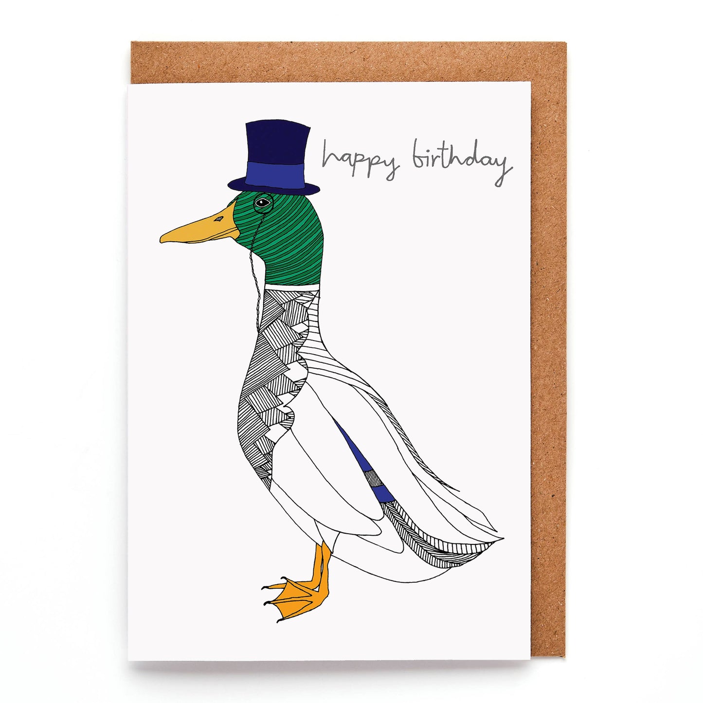 This charming birthday card, showcasing a dapper duck, is all set to kick off the celebrations in style. Featuring a hand-drawn illustration of a mallard duck sporting a top hat and an eye monocle, it’s the perfect way to send a sophisticated 'happy birthday' greeting.