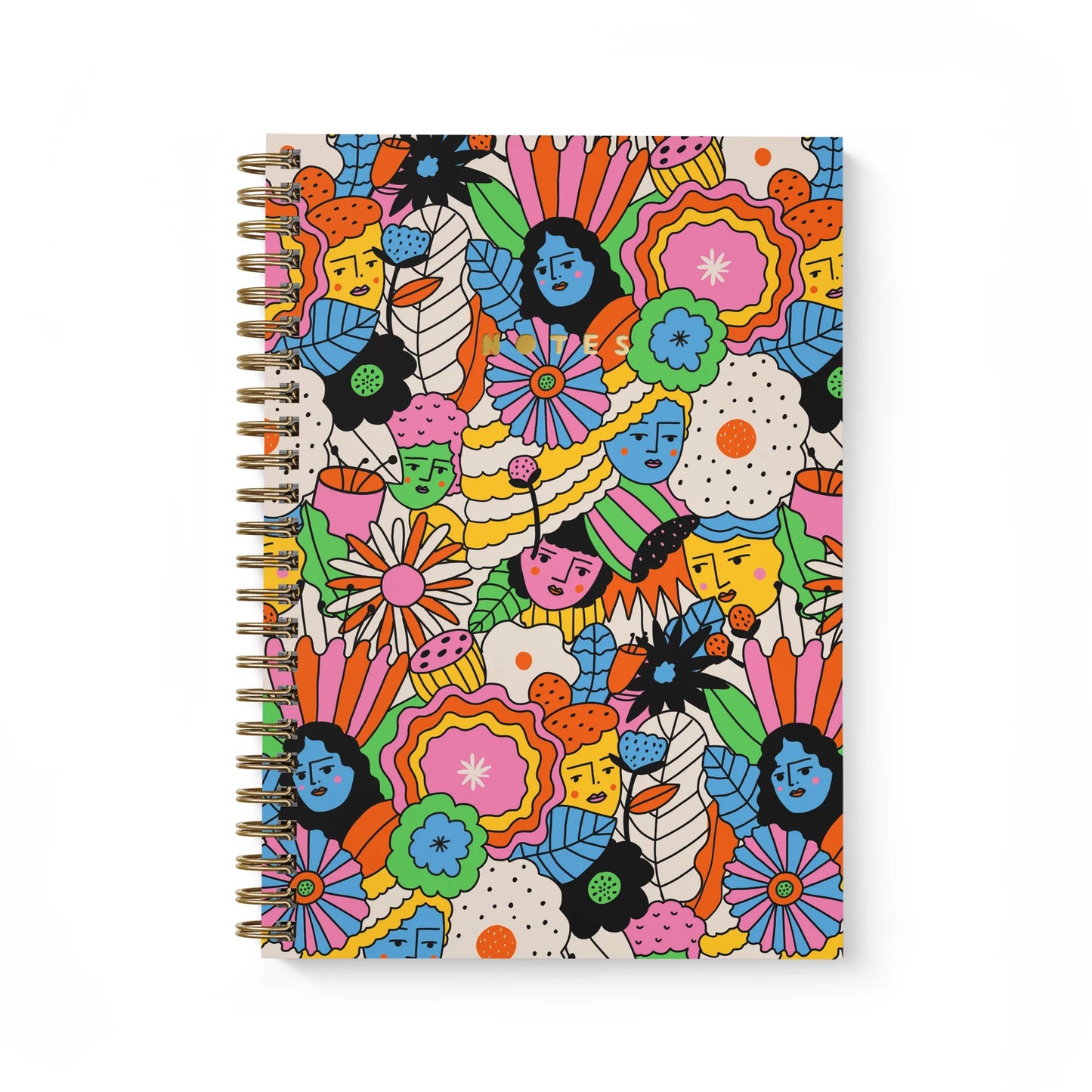 right and vibrant Mellow Petals A4 notebook featuring Carolyn Suzuki’s floral designs, spiral bound with soft-touch lamination and gold foil details.