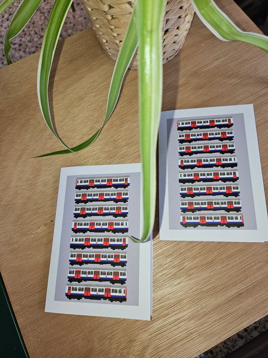 Handmade greeting card featuring London Underground Tube map graphic design, includes white fully recyclable envelope.