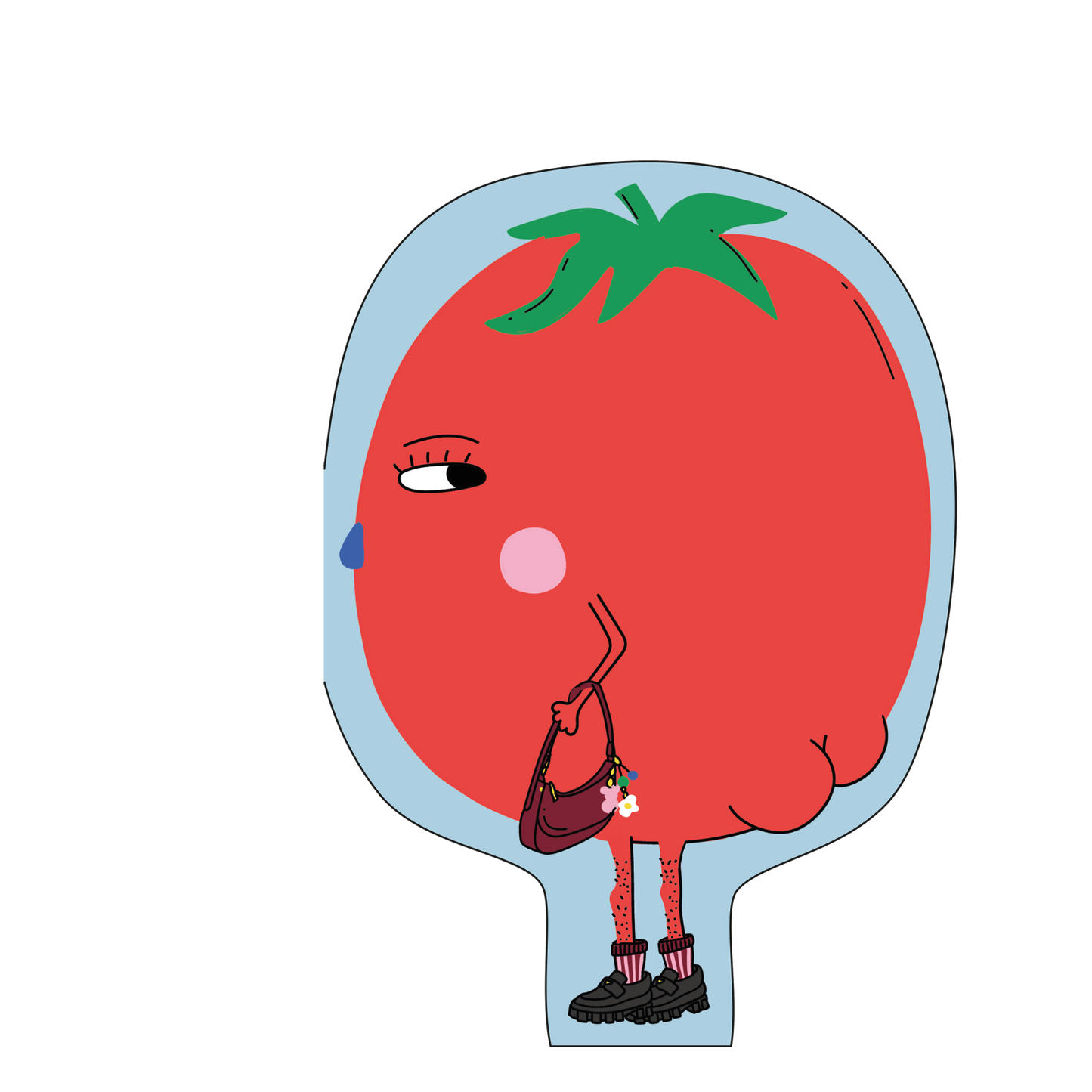 Cartoon tomato character with a face and legs on a white background