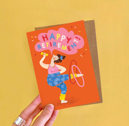 Retirement Dance Greeting Card, close-up with recycled brown kraft envelope