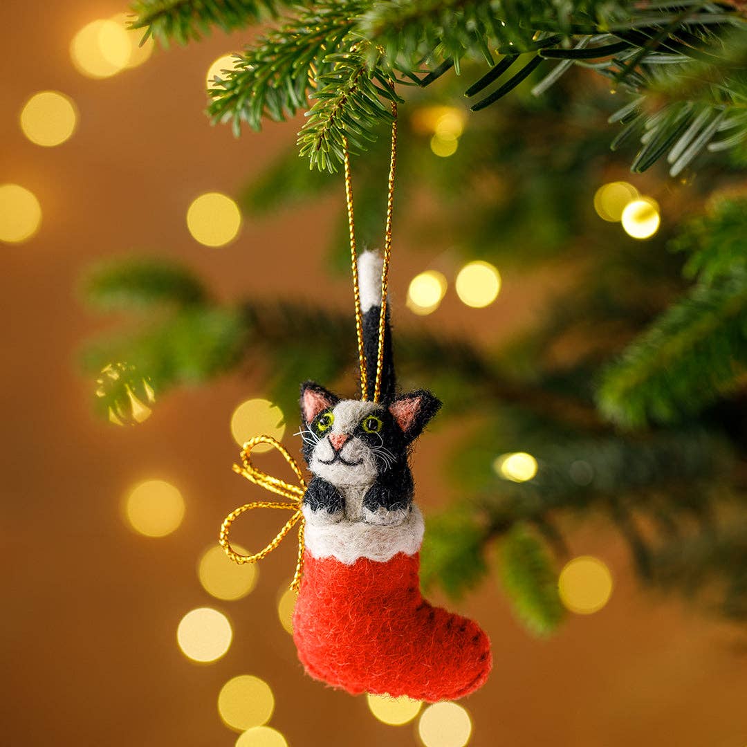 Handmade Clarence Cat Christmas decoration crafted with organic wool, detailed needle felting, eco friendly décor.