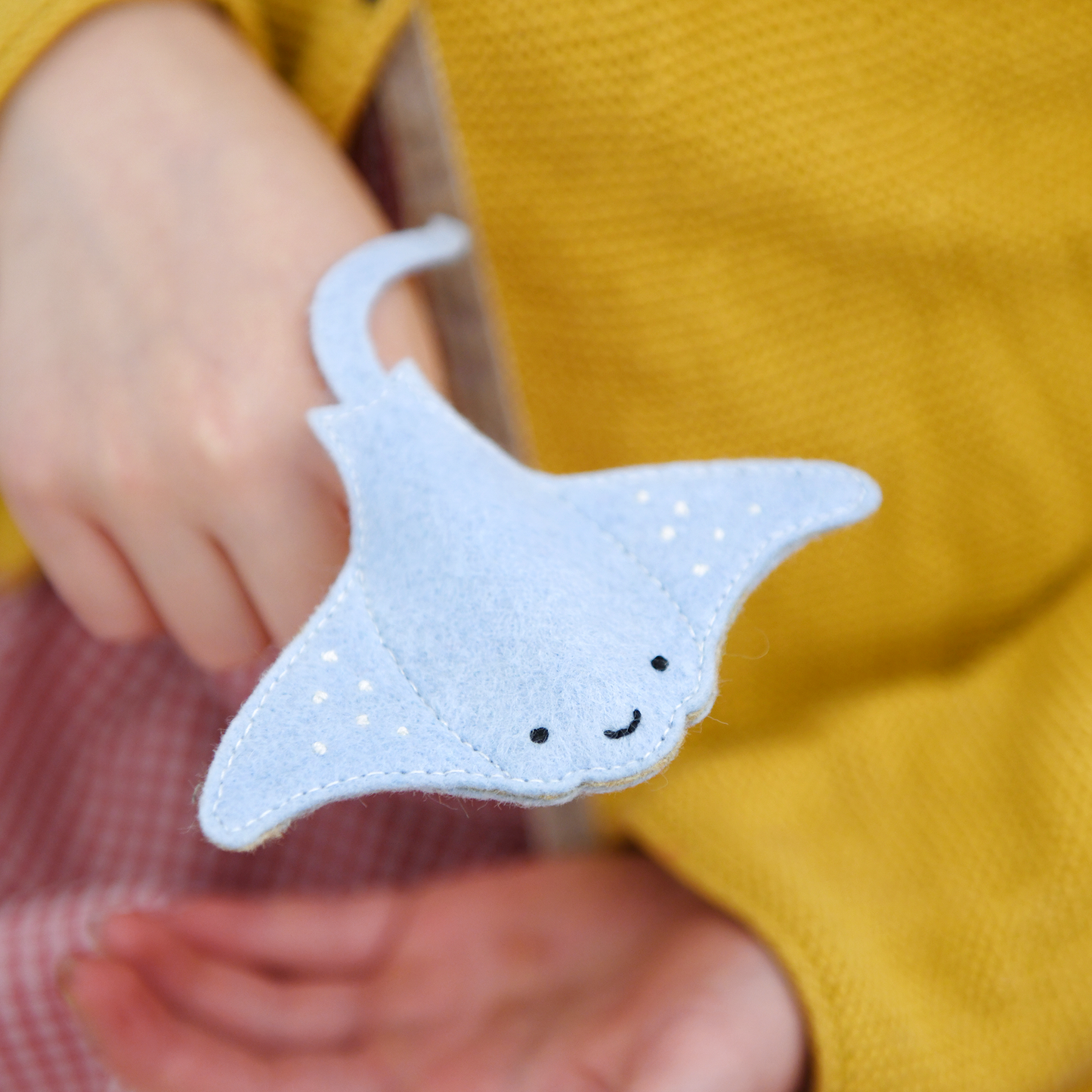 Manta Ray Finger Puppet Craft Kit packaging and finished puppet