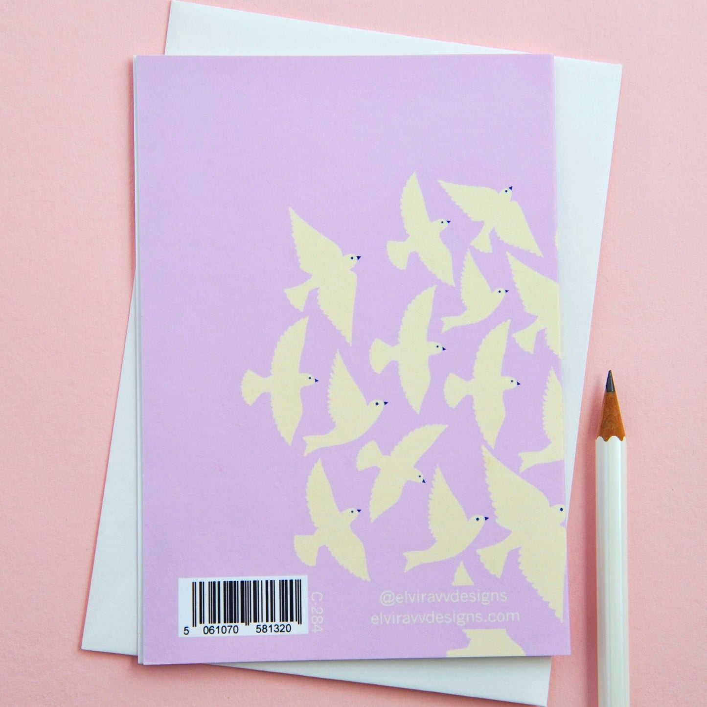 Illustrated ‘Thinking of You’ card with lilac birds in flight, printed on sustainable 350gsm matt card with cream envelope, blank inside.
