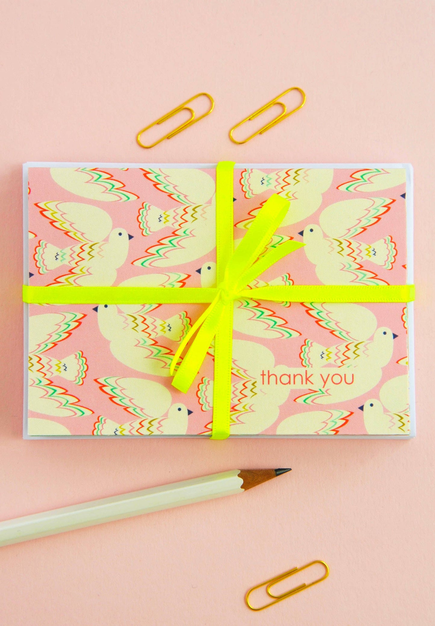 Pack of 8 bird-themed thank you notecards, each with a different illustration, printed on UK-made 350gsm matt card with envelopes included.