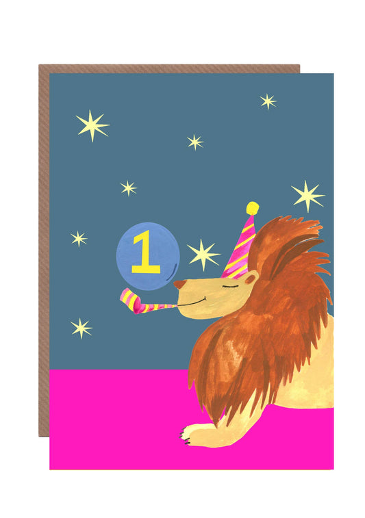 Close-up of 'Party Lion' Age 1 birthday card by Hutch Cassidy, featuring a cheerful lion with party blower on sustainably sourced card.