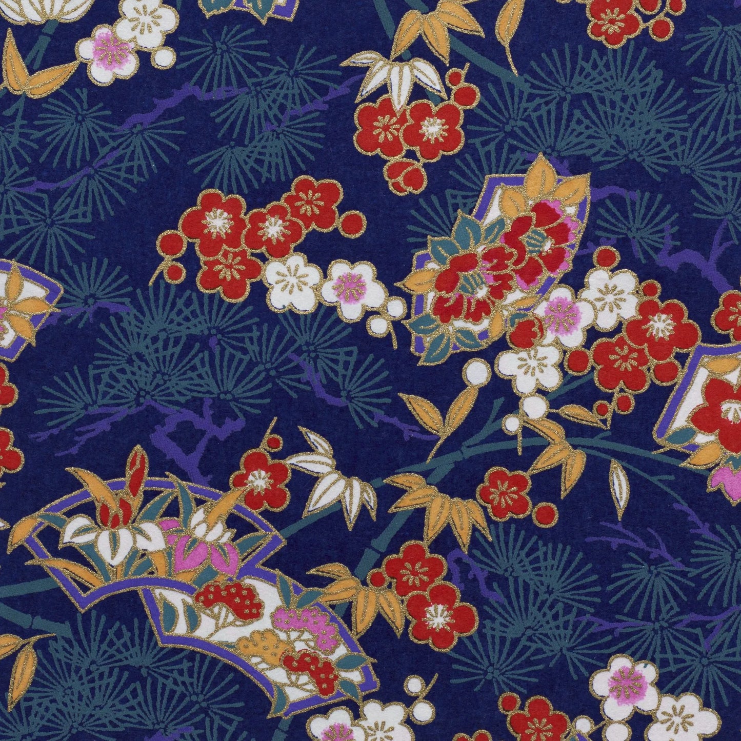 Red Blossom / Cobalt Blue – This eye-catching design, features a striking contrast of vermillion red blossom against a rich cobalt blue background . The reaching branches and organic shape of the fans lead you across the design, intersperred with bamboo leaves. Each of our designs are selected from an archive of designs in Kyoto Japan, where we work with family-run silk screen print studios to produce our covering papers. This paper features a gold accent screen, that gives it that truly opulent finish.