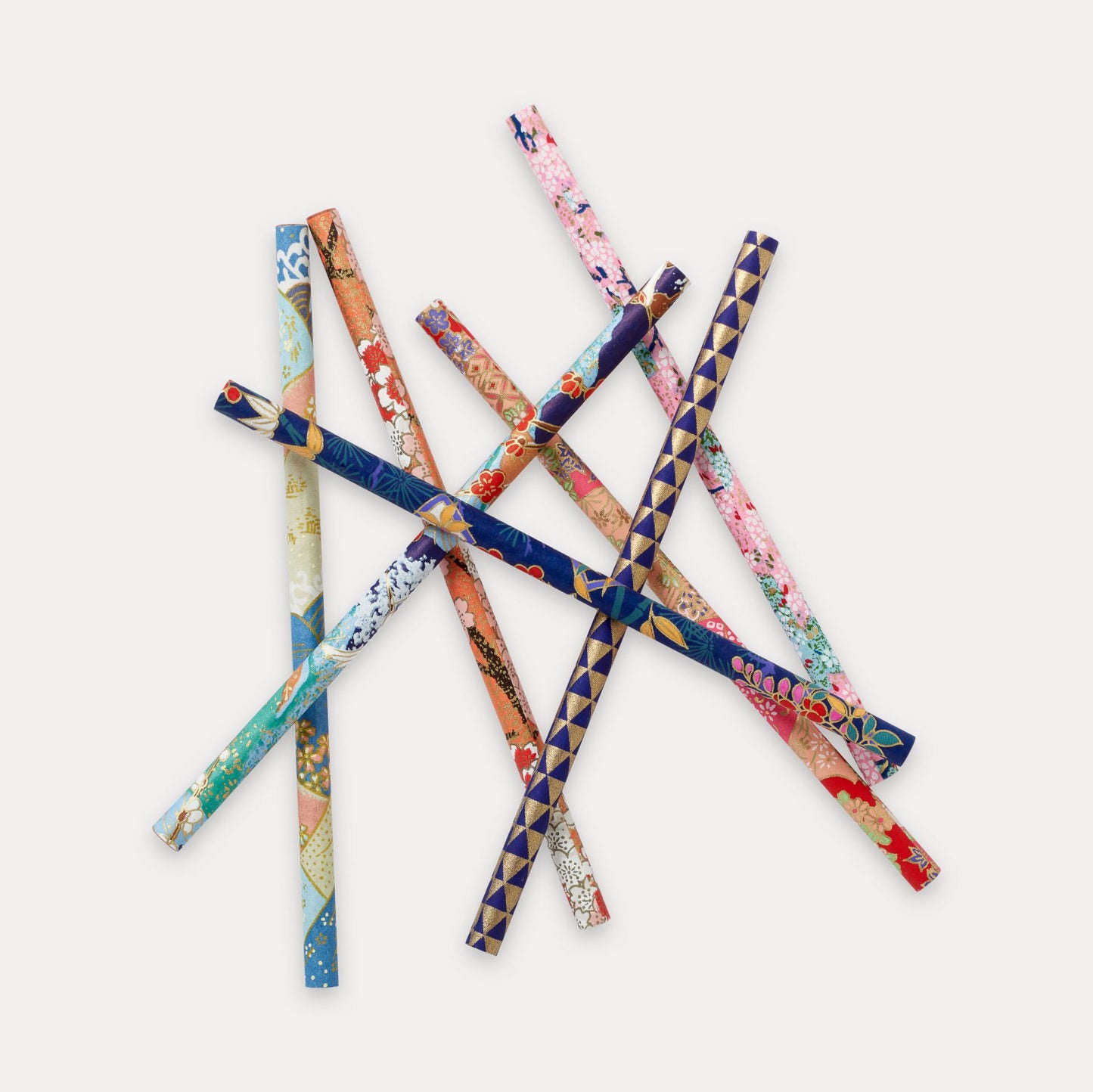 An assorted luxury set of pencils. All covered by hand with a Japanese silk-screen printed paper by family run studios in Kyoto.