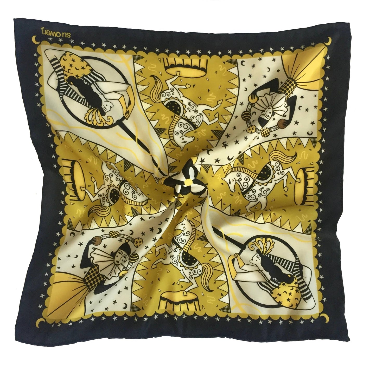 Eco silk twill pocket square with original Night Circus print by Su Owen; features Pierrot juggler, aerialist, horses, moons, and stars. Golden yellow, ivory, and dark chocolate colours. Made from 100% recycled polyester.