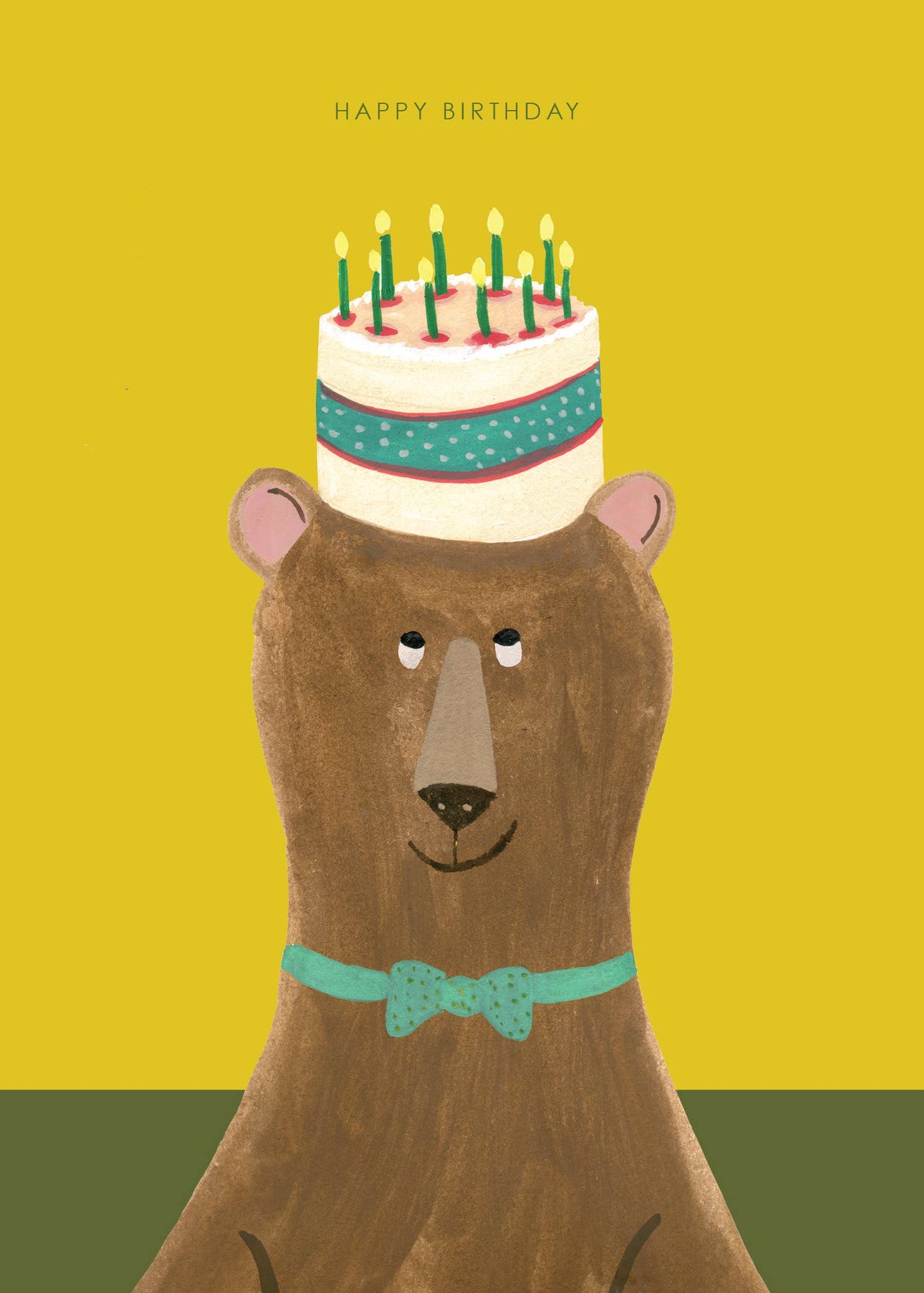 Hand-illustrated 'Cake on Bear' birthday card with bear and cake, “HAPPY BIRTHDAY”, UK made, sustainable, 5x7in.