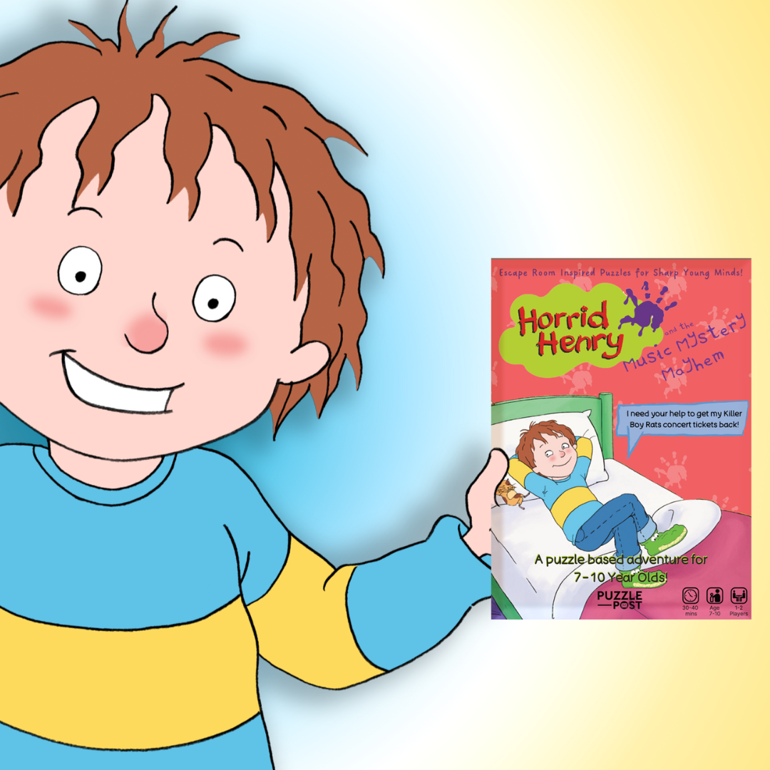 Horrid Henry and the Music Mystery Mayhem puzzle game box with eco-friendly packaging, kids escape room game for ages 7-10