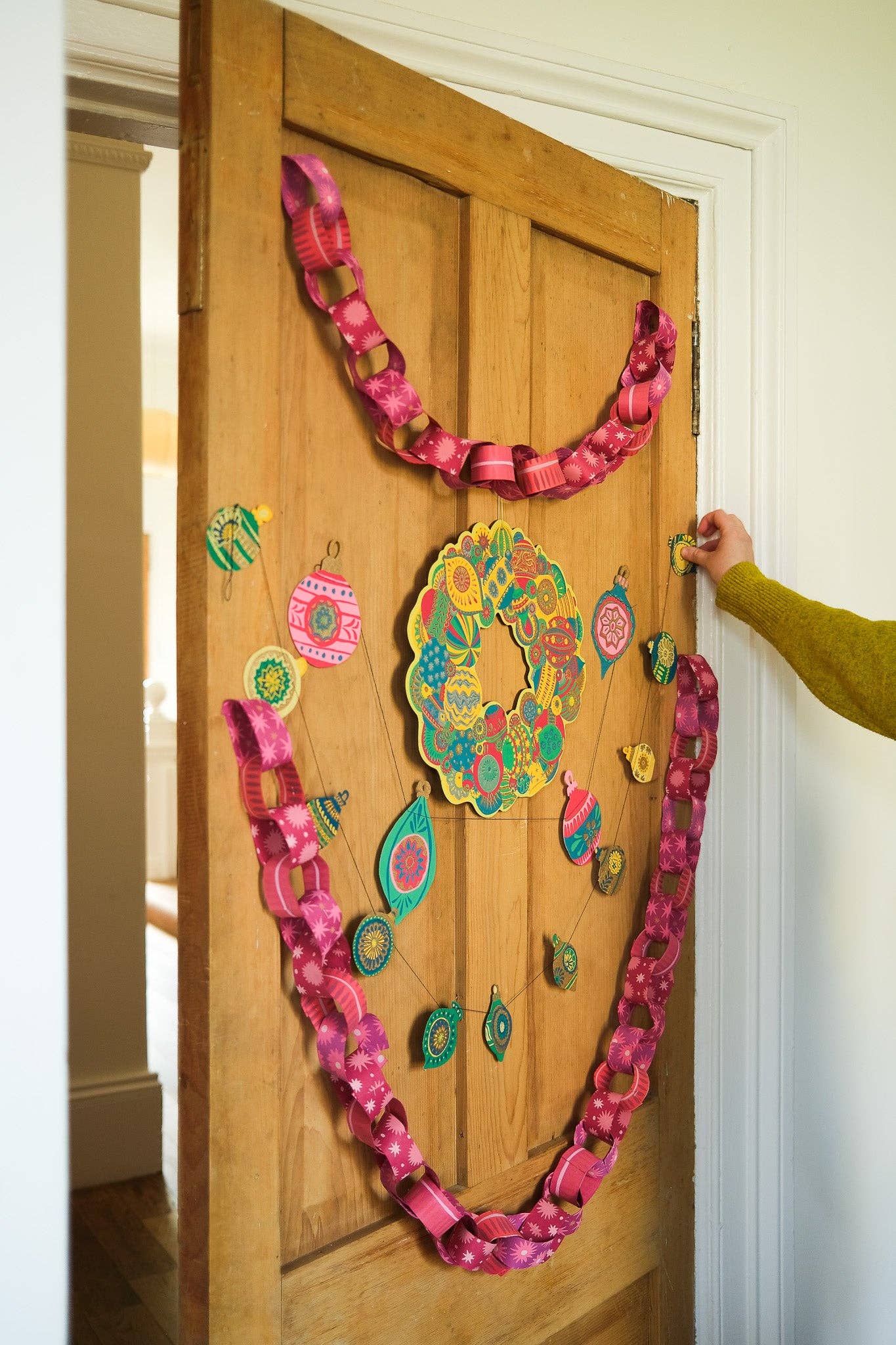 Hand-printed Colourful Bauble Cotton Board Wreath by East End Press with hanging loop, sustainable ornament