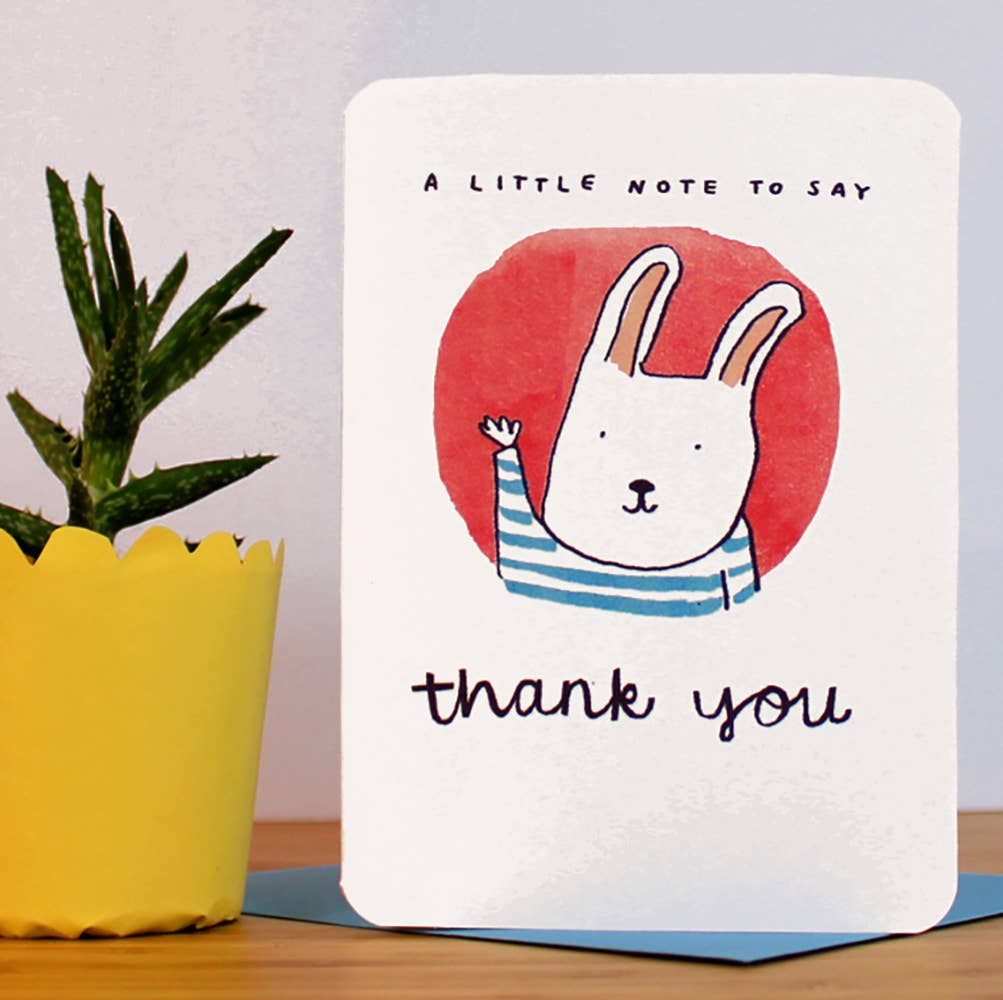 Illustrated bunny thank you card with Breton top, made from 100% recycled card, eco packaging