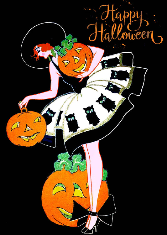 Vintage Inspired Halloween Card by Madame Treacle, FSC certified 320gsm textured card, recyclable sleeve, ivory envelope, blank inside, eco-friendly Halloween greeting card made in England