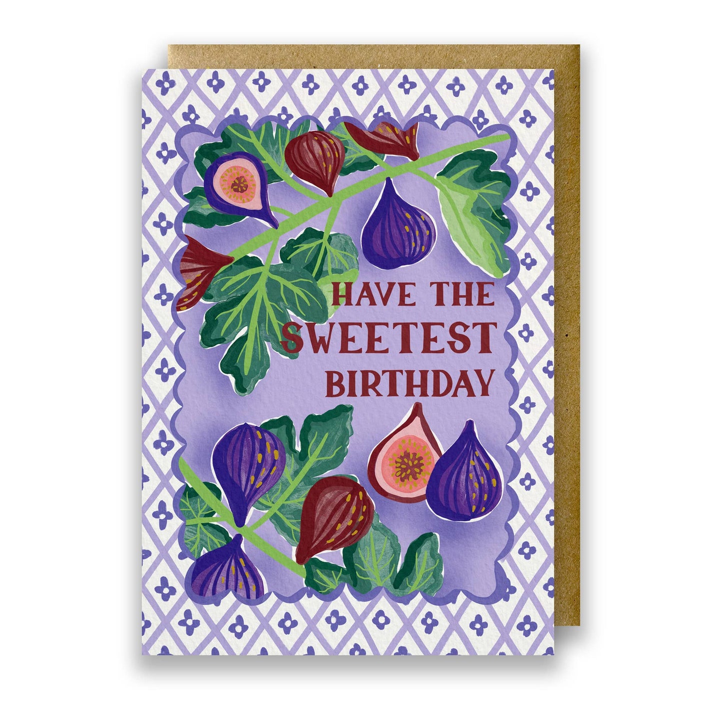 Hand drawn lettering reads 'Have the sweetest birthday'. Part of the on trend Palermo Picnic range, inspired by Italian fruits. Illustrated greeting card with tile pattern and figs illustration, printed onto premium textured card with a kraft envelope.