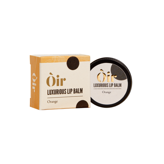 Oir vegan orange lip balm with cocoa butter, vanilla, and essential oils, plastic-free packaging, 10g