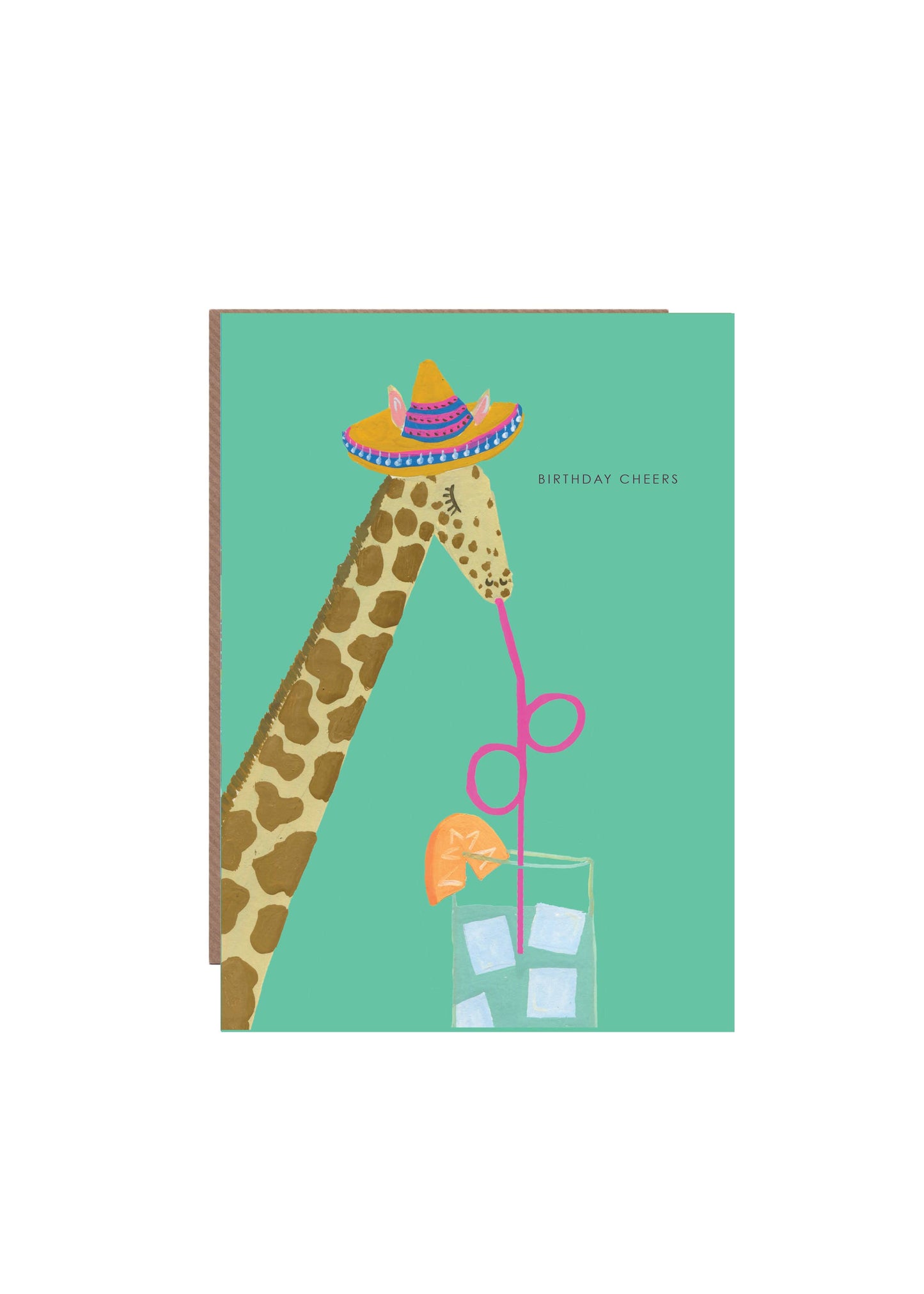 Hand-illustrated ‘Giraffe Cheers’ birthday card showing giraffe in a party hat with ‘BIRTHDAY CHEERS’ text, 5x7”, recycled envelope, UK made.