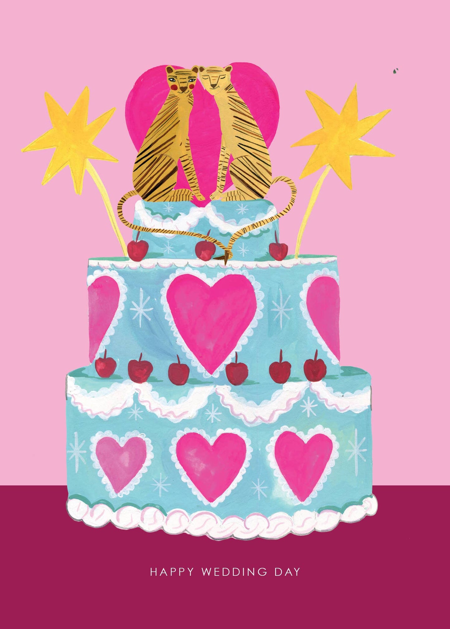 Hand-illustrated 'Tiger Wedding Cake' wedding card, two tigers in love atop cake with hearts and cherries. 5x7”, recycled envelope, UK made, sustainable.