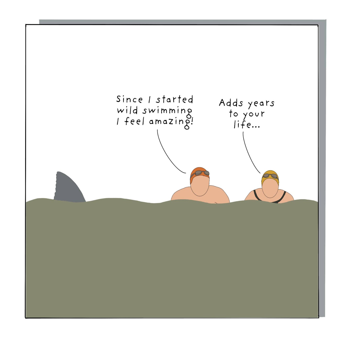 Wild Swimming greeting card by Not at all Jack with cartoon swimmers and shark fin.
