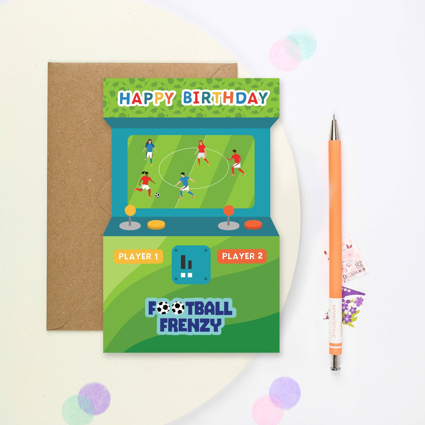 Football Frenzy Arcade Birthday Card, gaming machine design, vibrant colours, sustainably sourced card, kraft envelope