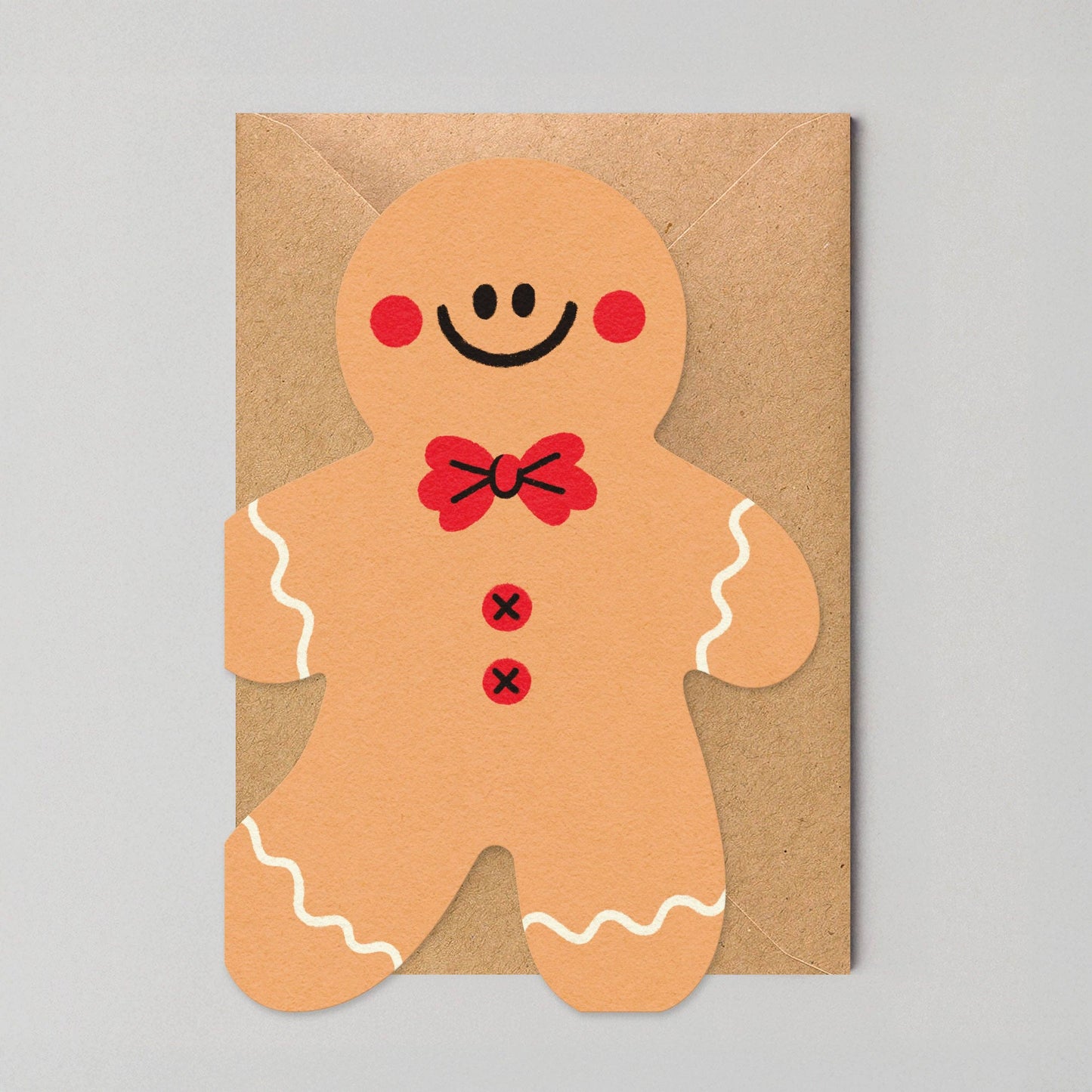 Gingerbread Man die cut Christmas card by Edyta Demurat, multi-coloured, sustainably sourced, plastic-free, blank inside, UK made