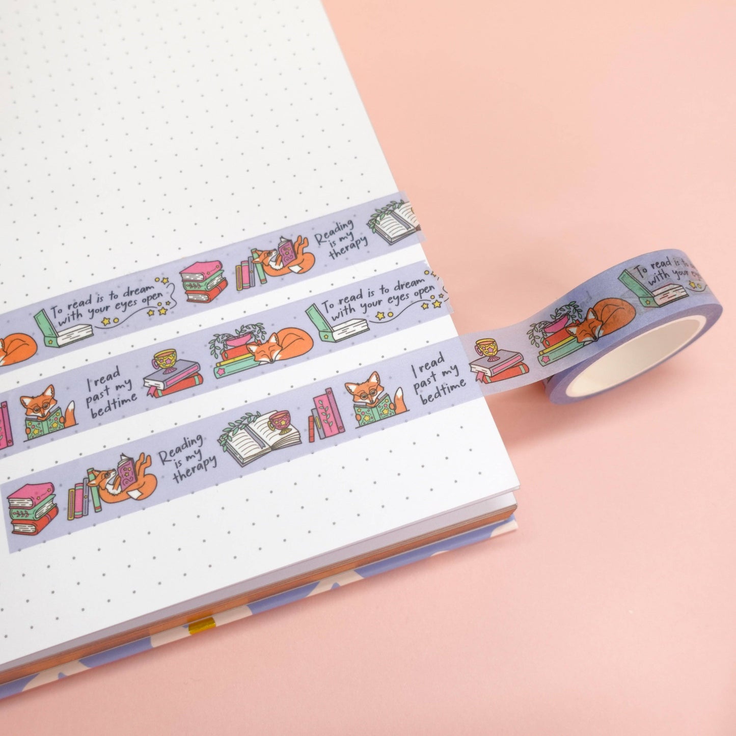 Cosy washi tape with Maple the Fox and bookish illustrations, fun reading quotes, eco-friendly paper packaging—great for planners, crafts, and gifts.