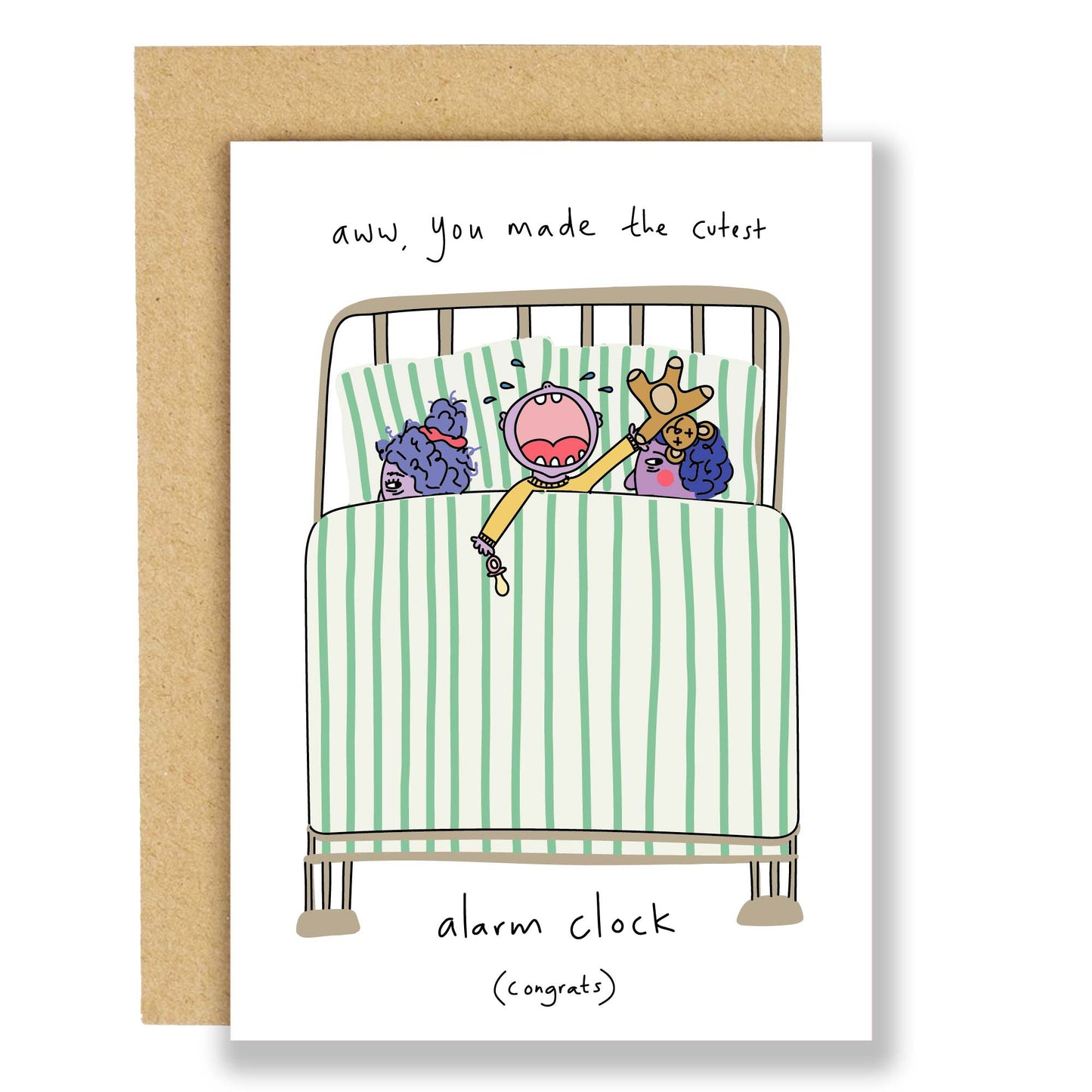 Cute 'human alarm clock' baby greeting card with a sleeping baby illustration, perfect for new parents and baby showers. Sustainably sourced.