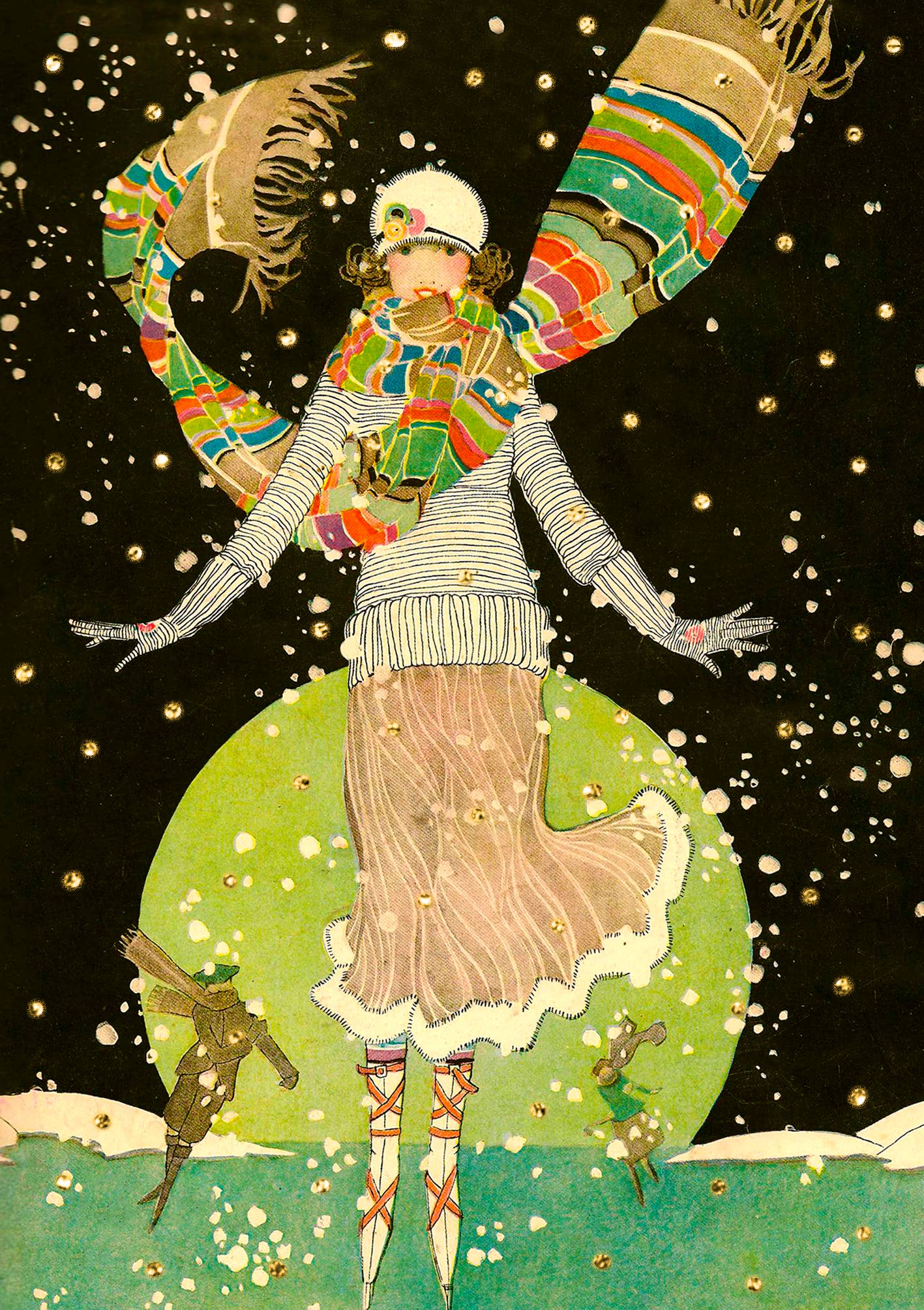 This vintage-inspired card from the 1930s showcases a sophisticated lady gliding gracefully on ice under the moonlight, surrounded by sparkling stars. She's dressed to impress, making for a truly elegant and enchanting scene. Christmas Card.