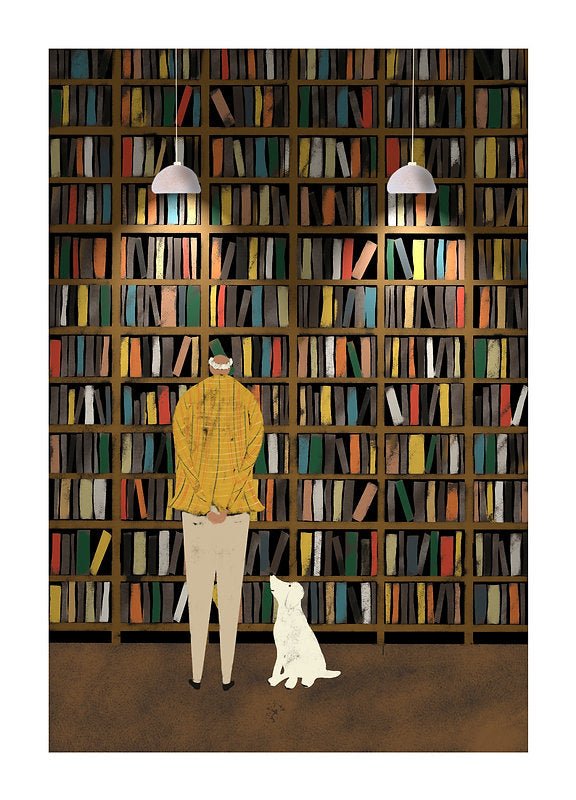 Eco-friendly greeting card with a detailed illustration of a cosy library, full of colourful books, an older man reading, and his white dog resting.