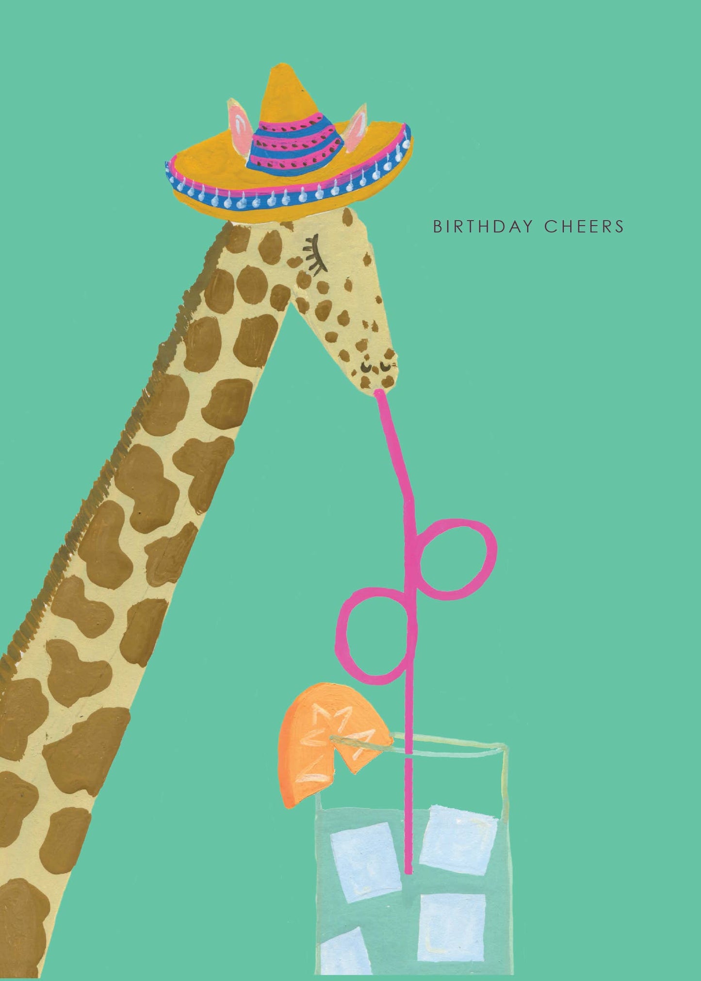 Hand-illustrated ‘Giraffe Cheers’ birthday card showing giraffe in a party hat with ‘BIRTHDAY CHEERS’ text, 5x7”, recycled envelope, UK made.