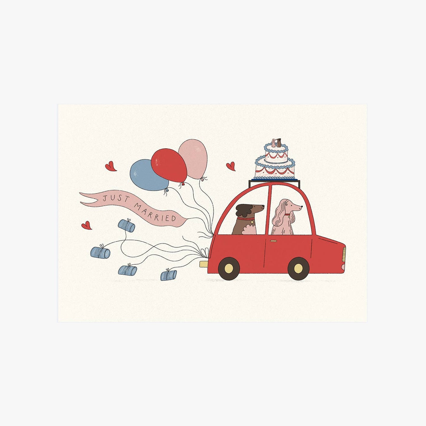 Just Married Greetings Card by Holly Fuller, two dogs in red car illustration, sustainably sourced 300gsm plastic-free card with kraft envelope, eco-friendly wedding greeting, UK made