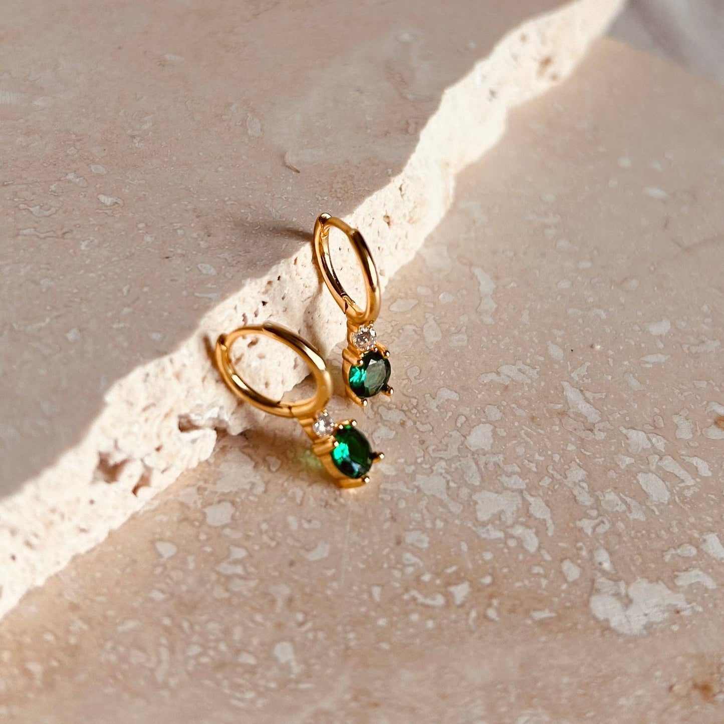 Little Nell gold green diamanté huggie hoops, gold vermeil, sterling silver, 11mm wide, 16mm tall