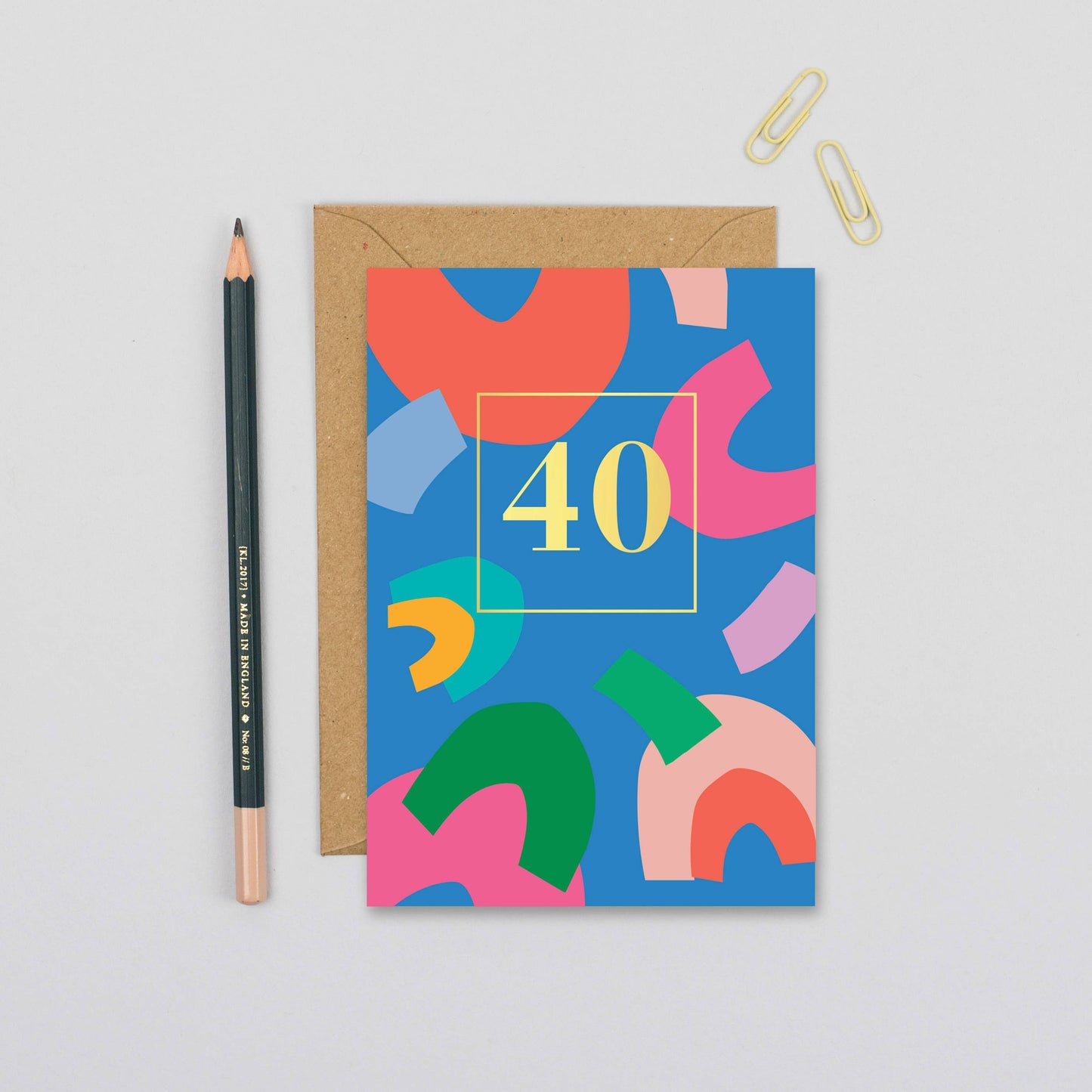Age 40 Abstract Shapes Birthday Card with Gold Foil '40' and Blue Background