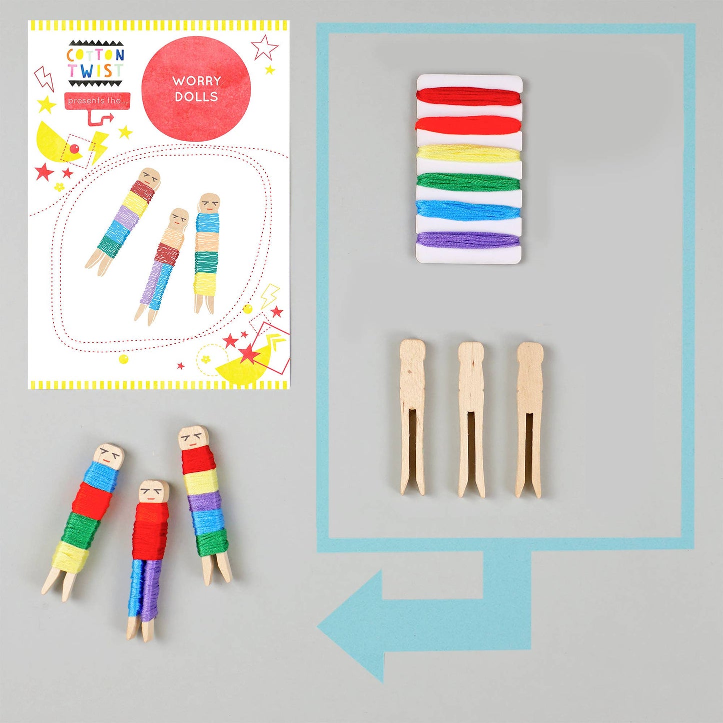 Cotton Twist Make Your Own Worry Dolls Kit with wooden pegs, cotton threads, and glue dots