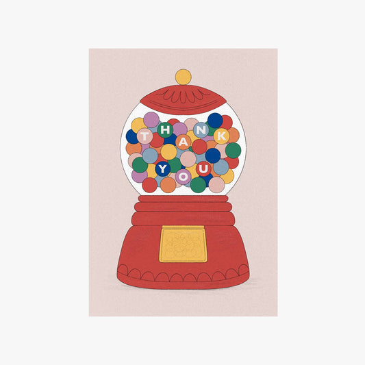 Close-up detail of Hollie Fuller's nostalgic bubble gum machine design on a recycled 'Thank You' greeting card, showcasing vibrant colours and quality print. Blank inside.