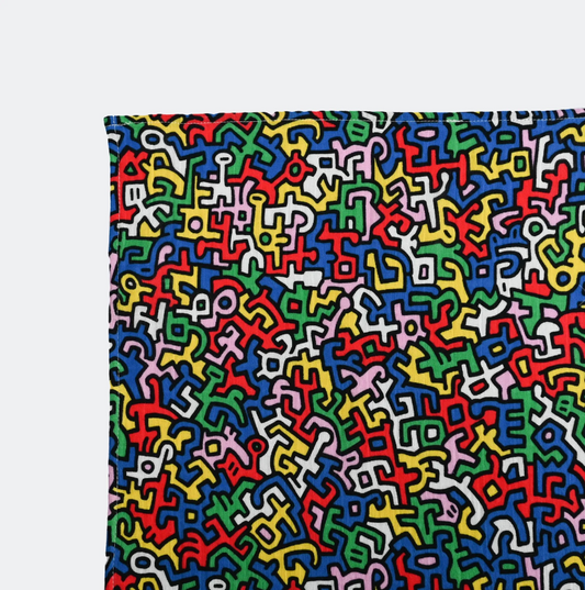 Close-up of Etta Loves Keith Haring 'Brazil' comforter with plush ears