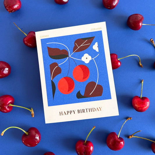 Front view of playful Cherry Happy Birthday Card, Spitalfields Market inspired design
